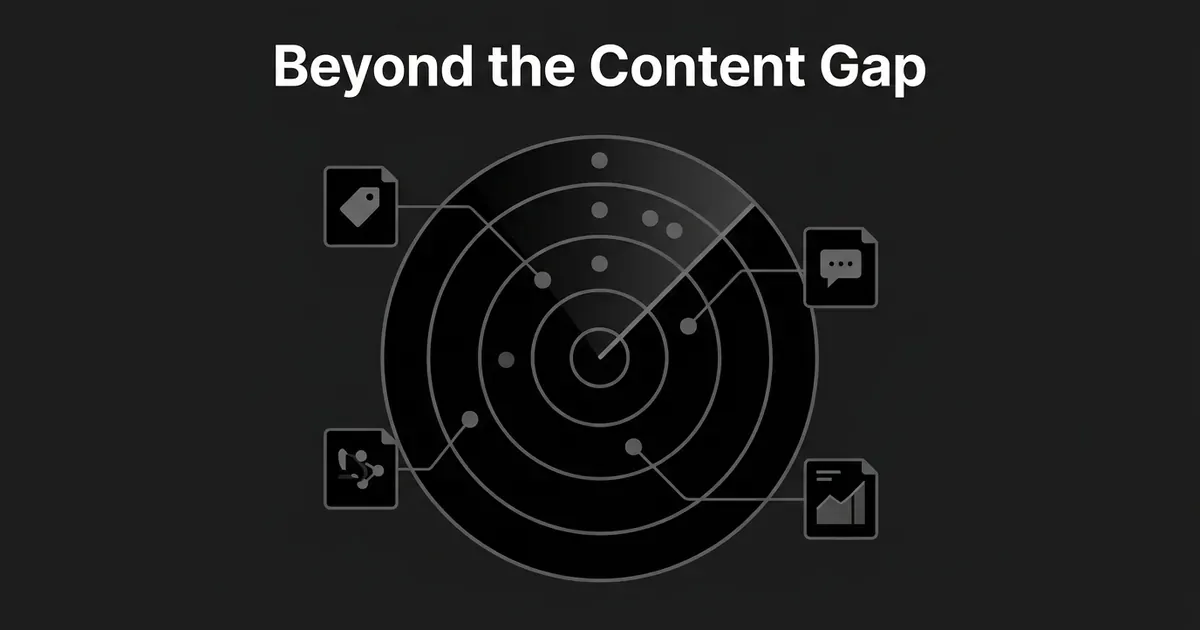 A monochrome radar sweep on a dark background, with signal lines connecting to icon cards for a price tag, a messaging bubble, a network diagram, and a chart, representing signals gathered from pricing, messaging, product and AI-answer sources, under the cover line Beyond the Content Gap.