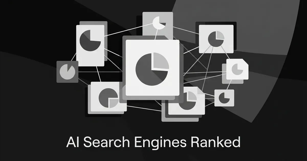 A monochrome illustration of connected chart-fragment cards on a dark charcoal background, representing several AI search engines compared side by side, with the cover line AI Search Engines Ranked.