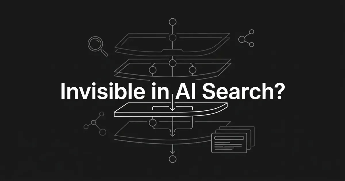A monochrome, abstract-geometric cover showing a four-layer diagnostic stack with a search-to-answer flow passing through it and one layer highlighted, under the centered white cover line 'Invisible in AI Search?'