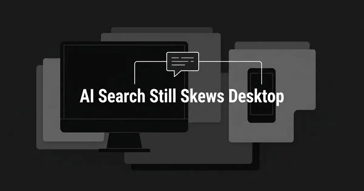 A monochrome illustration of a large desktop monitor and a small phone connected by lines to a chat answer bubble, with the text AI Search Still Skews Desktop, showing desktop as the dominant device in AI search.