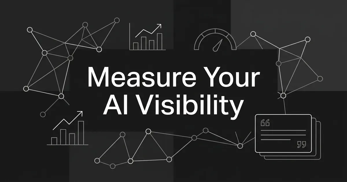 Monochrome cover reading Measure Your AI Visibility, surrounded by node networks, small bar charts with rising trend lines, a gauge, and layered cards with citation marks.
