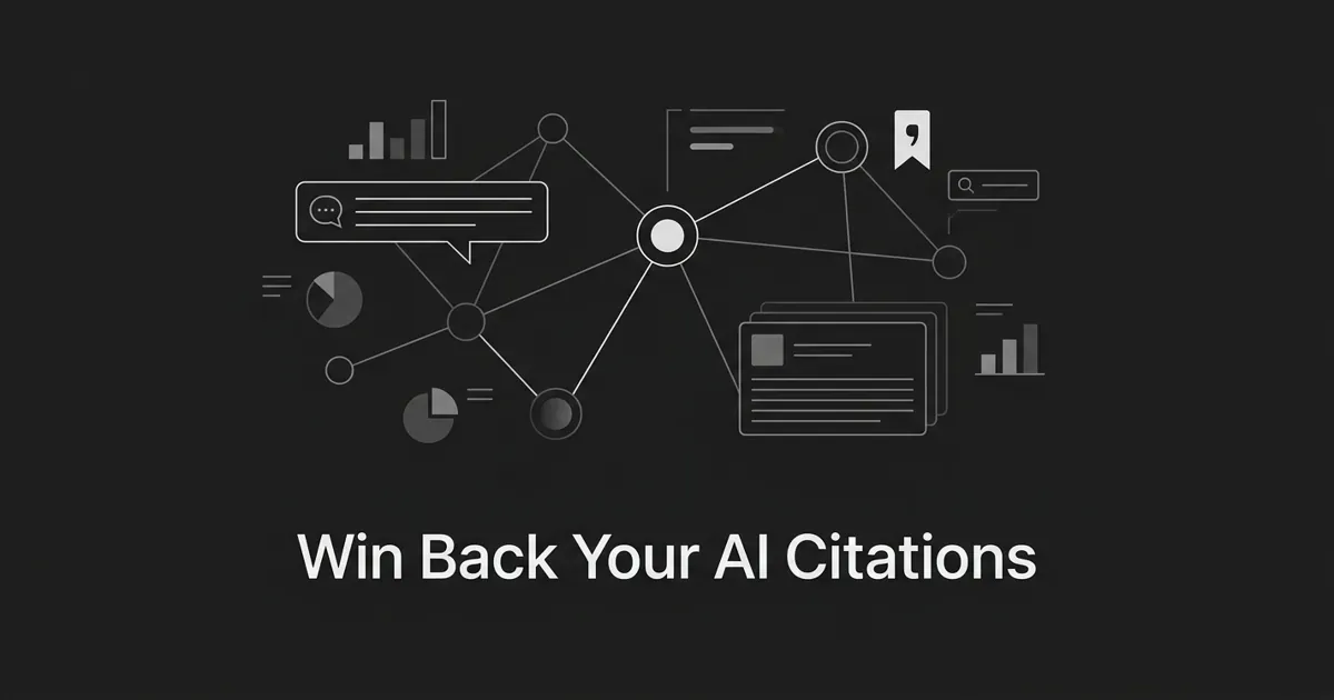 Monochrome abstract diagram on charcoal showing a dimmed citation node being reconnected to a central AI answer node, with the cover line Win Back Your AI Citations.