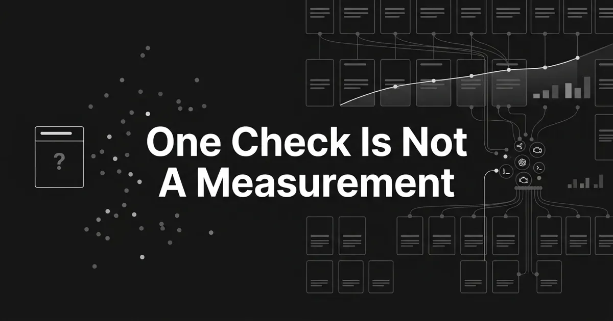 Monochrome illustration on a charcoal background contrasting a single question-marked answer card beside scattered grey dots with a dense grid of answer cards feeding engine nodes, a rising trend line, and bar-chart fragments, under the cover line "One Check Is Not A Measurement".
