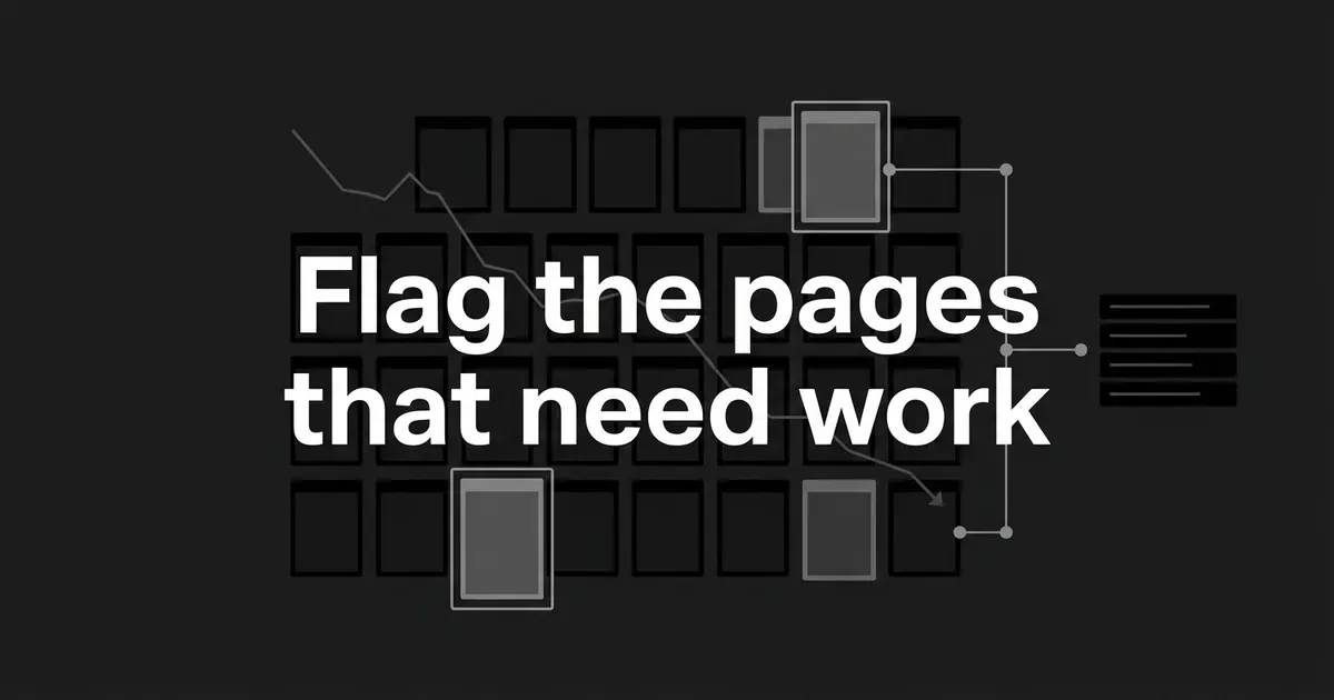 A grid of dark page cards on a charcoal background with three cards outlined in white and pulled forward as flagged, a descending line chart running through the grid, and connector lines leading to a short stacked queue at the right.