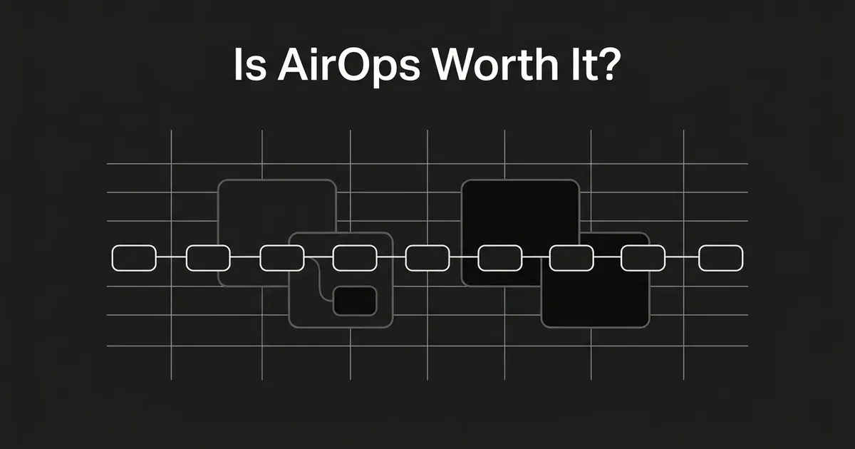 A monochrome illustration of connected workflow nodes over a faint spreadsheet grid, with the text Is AirOps Worth It on a charcoal background.