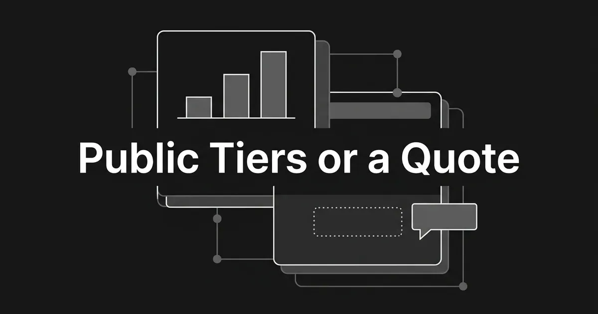 Abstract monochrome illustration of a stepped price-tier bar chart card beside a blank dotted price slot with a speech bubble, under the cover line Public Tiers or a Quote.