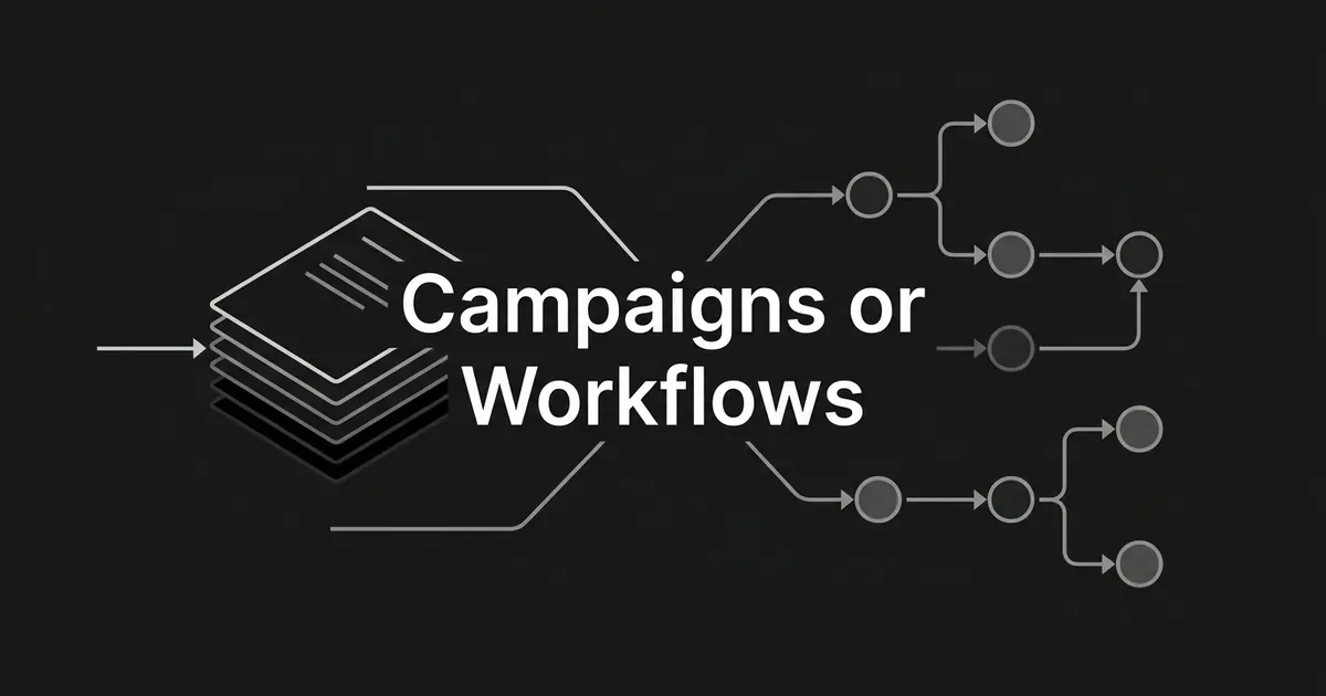A monochrome diagram on charcoal with a stack of identical layered article cards on the left and a branching node-and-arrow workflow graph on the right, behind the words Campaigns or Workflows.