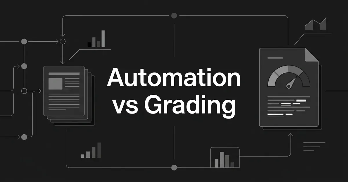 Monochrome abstract cover showing an automated content pipeline of connected nodes on one side and a graded document with a score dial on the other, split by a centered divider under the white cover line Automation vs Grading.