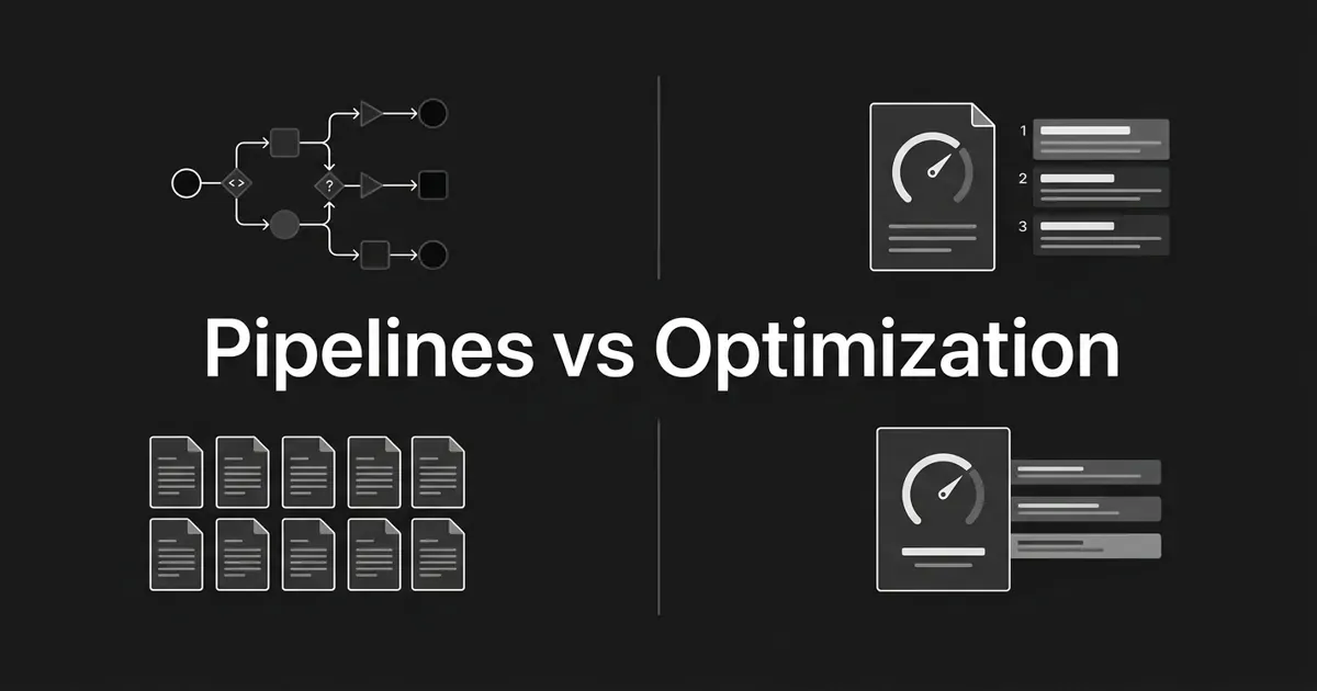Monochrome flat-vector cover contrasting a branching workflow diagram and a grid of repeated page cards on the left with document cards showing optimization score dials and ranked search-result bars on the right, under the white cover line Pipelines vs Optimization.