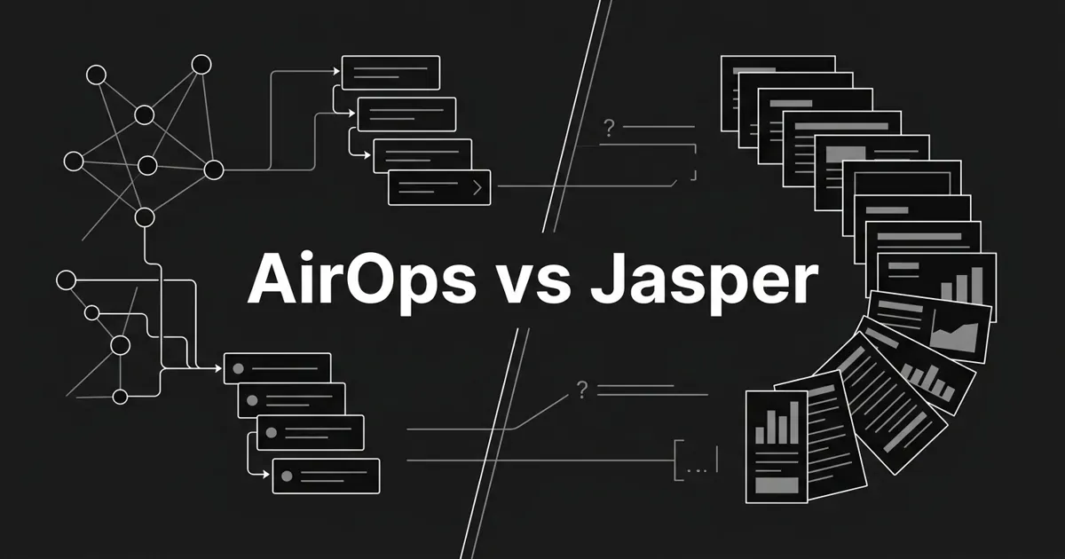 Monochrome abstract cover with the centered white cover line AirOps vs Jasper, showing node clusters feeding a pipeline of stacked workflow steps on the left and a fanned spread of layered content cards and chart fragments on the right.