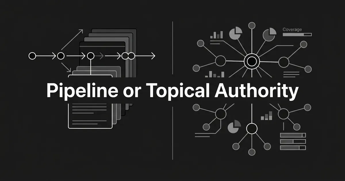 Monochrome geometric cover on a charcoal background showing a linear node-and-arrow production pipeline with stacked document cards on the left and radial topic-cluster diagrams with chart fragments and coverage bars on the right, split by a thin divider, under the centered white cover line "Pipeline or Topical Authority".