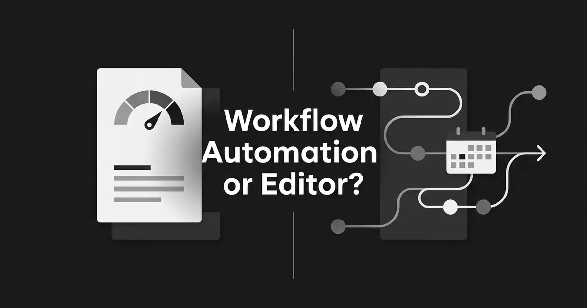 Abstract monochrome cover with a document card and score dial on the left, a connected workflow of nodes and a calendar on the right, and the line Workflow Automation or Editor?