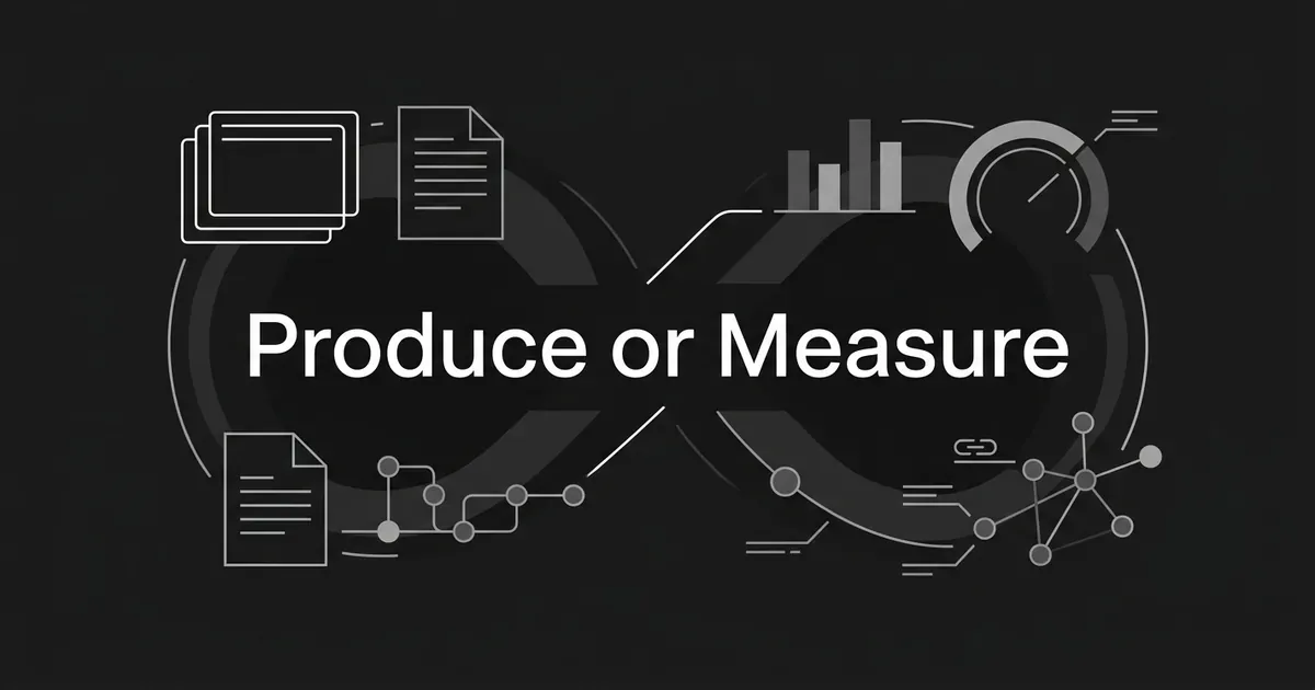 A monochrome diagram of a single loop split into two halves, stacked content cards and a document pipeline on one side and a bar chart, gauge and citation nodes on the other, behind the centered white words Produce or Measure.