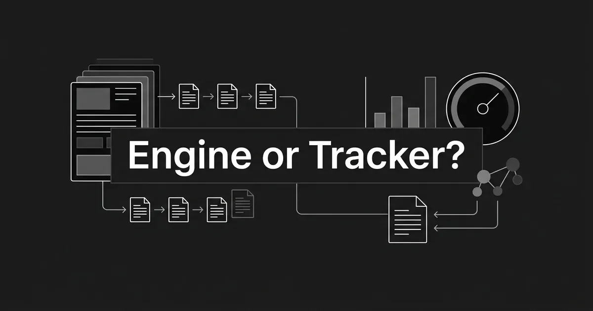 A monochrome flat-vector diagram of one workflow split into two halves, layered content cards feeding a chain of document outlines on the left and a bar chart, gauge and connected citation nodes on the right, behind the centered white words Engine or Tracker?