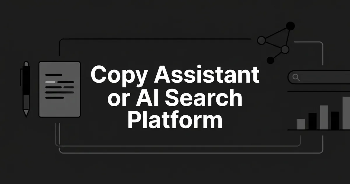 A charcoal monochrome cover with the line Copy Assistant or AI Search Platform, a pen and document card on the left and a node network, search bar and bar chart on the right.