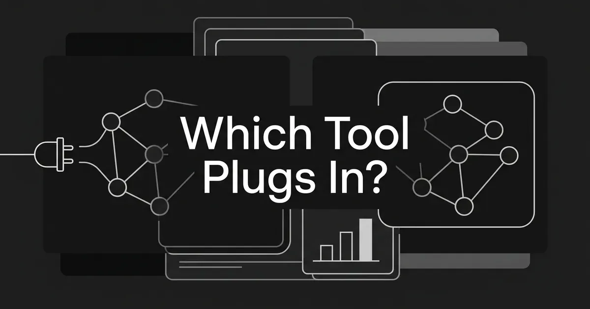 Monochrome diagram of two node networks, one with a plug reaching out to connect and one sealed inside a closed box, behind the cover line Which Tool Plugs In?