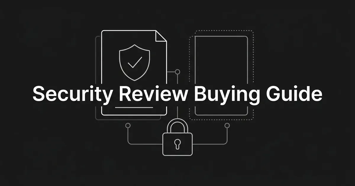 Monochrome cover with the words Security Review Buying Guide over two document cards, one with a shield and checkmark and one blank, linked to a padlock.