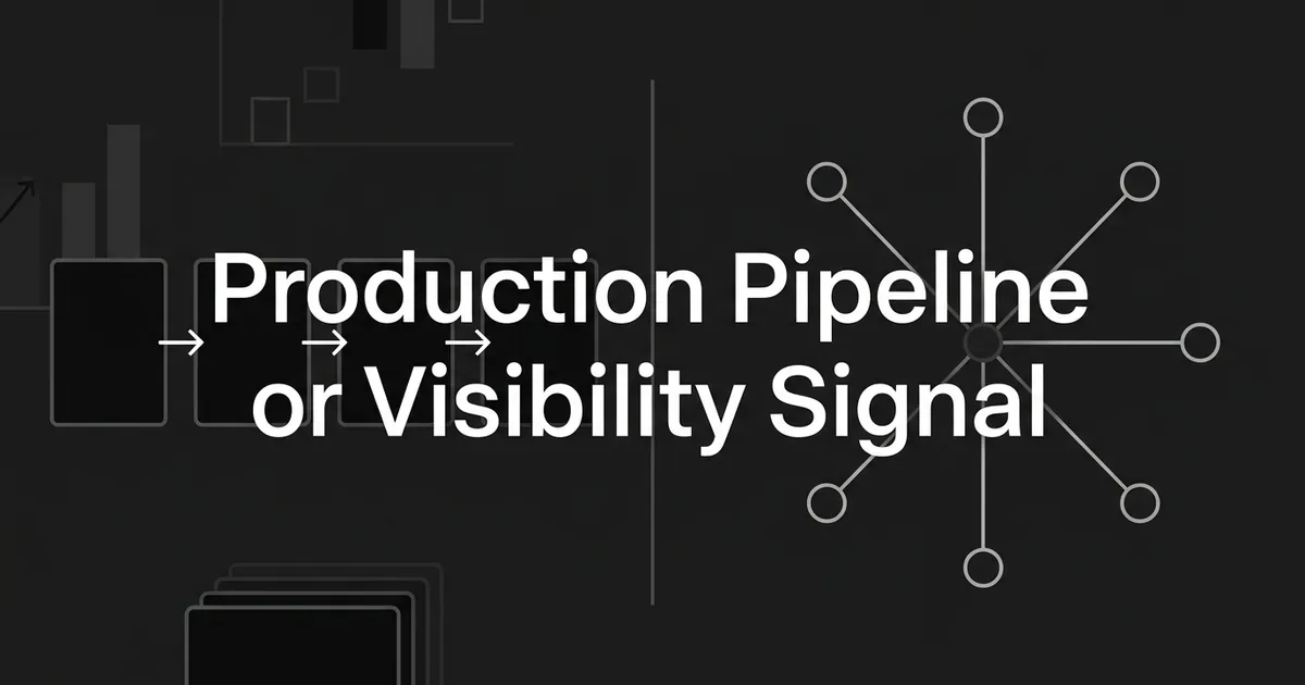 A monochrome cover graphic sets a linear four-card production pipeline on the left against a radial monitoring node with eight spokes on the right, under the centered line Production Pipeline or Visibility Signal.