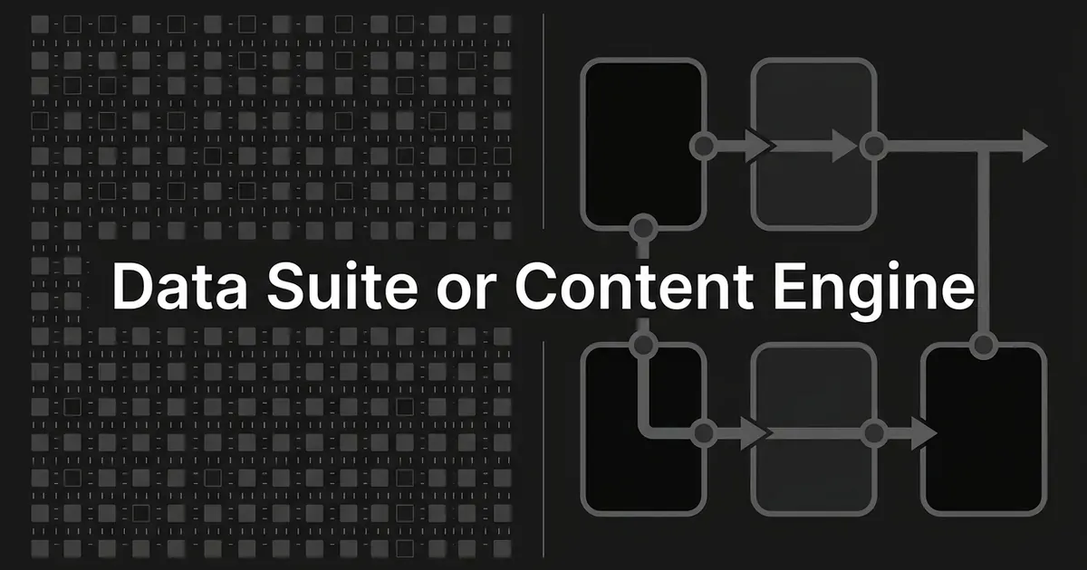A dense monochrome grid of small squares sits beside a set of linked cards joined by arrows, under the centred line Data Suite or Content Engine.