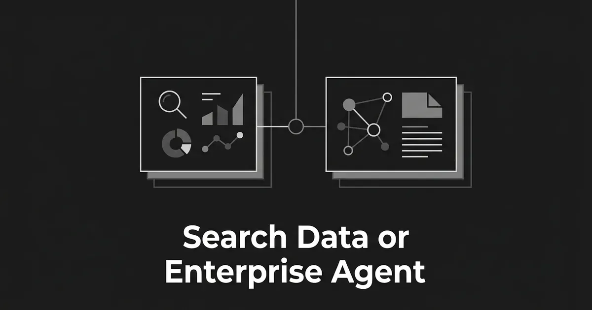 A monochrome illustration of two layered cards, one with a magnifier and chart fragments and one with connected nodes and a document, joined by a thin line to a central node above the cover line Search Data or Enterprise Agent.
