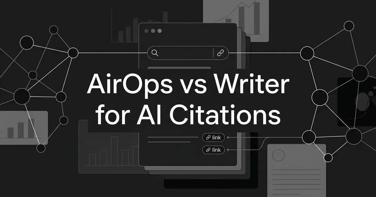 Dark monochrome cover with the line AirOps vs Writer for AI Citations over two node-and-link networks feeding a search answer card.