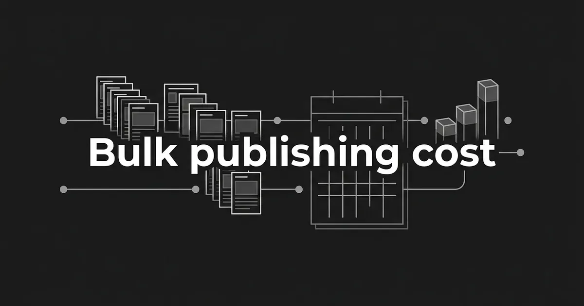 Dark monochrome illustration of stacked article cards moving along a line past a calendar grid toward rising bar blocks, under the words Bulk publishing cost.