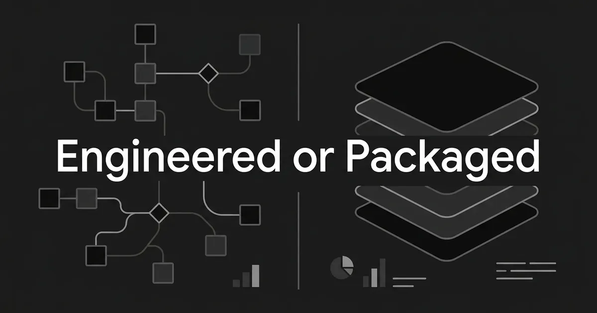 Monochrome abstract cover showing a branching network of connected square nodes and decision markers on the left and a stack of neatly layered cards on the right, split by a thin vertical divider, under the white cover line Engineered or Packaged.