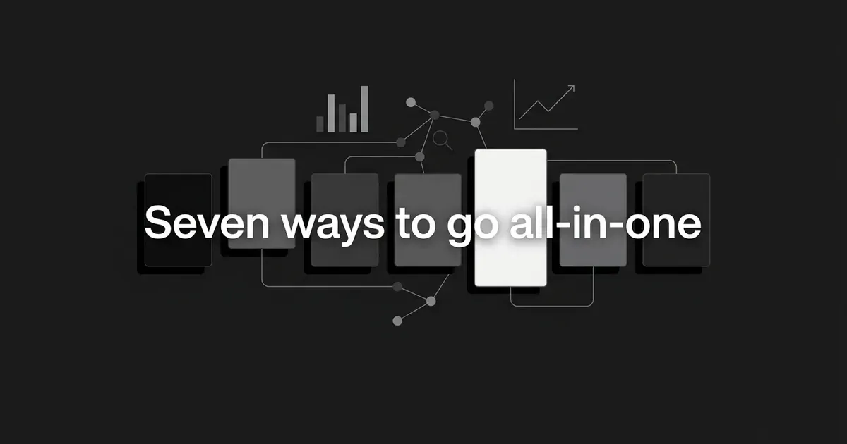 A monochrome illustration of seven layered cards in a row with one lit bright white, linked by thin connector lines to node clusters, a bar chart fragment and a rising line trend, under the centred cover line Seven ways to go all-in-one.