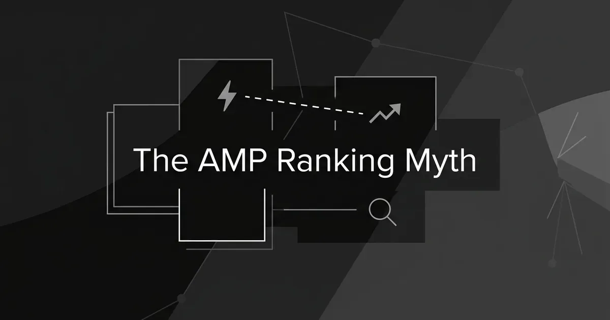 A monochrome illustration titled The AMP Ranking Myth, showing a lightning bolt icon connected by a dashed line to a rising ranking arrow, with a magnifying glass and faint connection lines on a charcoal background.