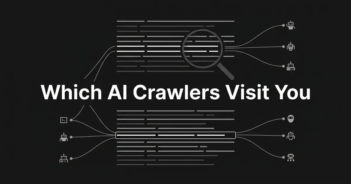 Monochrome abstract cover showing rows of server-log lines with highlighted crawler tokens connected to small AI bot nodes, under the centered white cover line Which AI Crawlers Visit You.