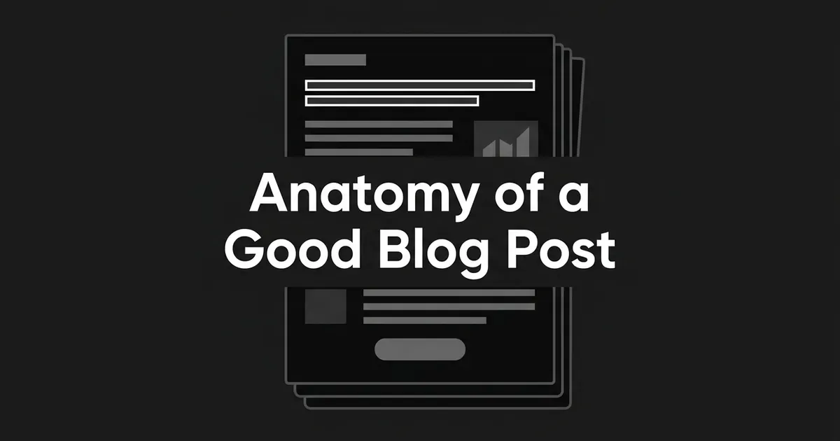 Stacked page cards in gray linework showing heading, text lines, a chart block and a button, with the cover line Anatomy of a Good Blog Post over them.