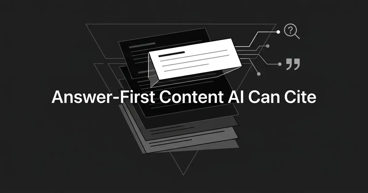 A monochrome abstract cover showing the highlighted top card of a stacked set of text blocks being lifted toward answer-engine glyphs, with the centered white cover line reading Answer-First Content AI Can Cite.