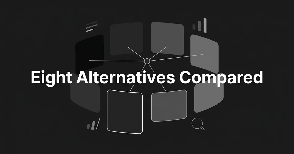 A monochrome illustration of eight dark cards arranged around a central node with thin connecting lines, under the heading Eight Alternatives Compared.