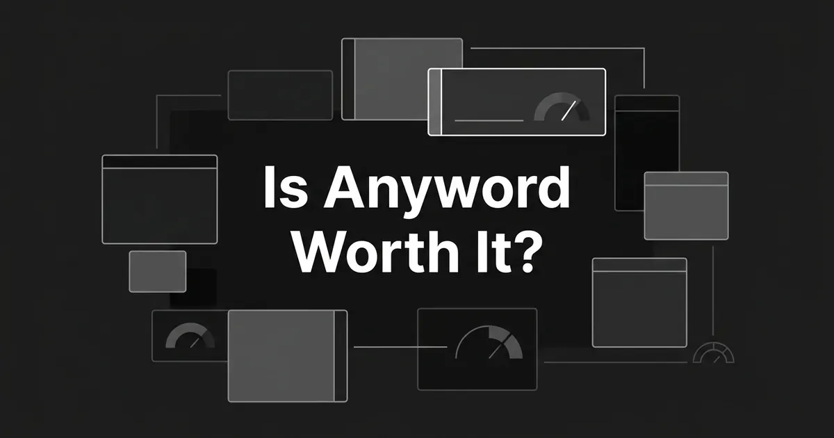 A monochrome illustration of stacked copy cards with gauge dials around the centered white text 'Is Anyword Worth It?', symbolizing predictive scoring of marketing copy variations.