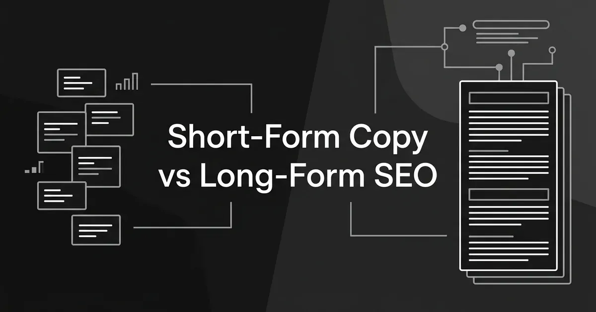 Abstract monochrome cover with a cluster of small copy cards on the left and a tall layered article document on the right, around the line Short-Form Copy vs Long-Form SEO.