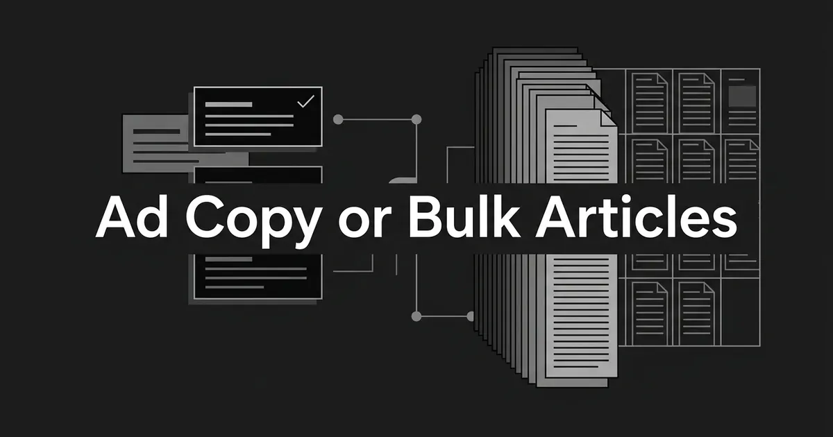 Abstract monochrome illustration of a few scored copy cards on the left and a tall stack of many article pages on the right, under the line Ad Copy or Bulk Articles.