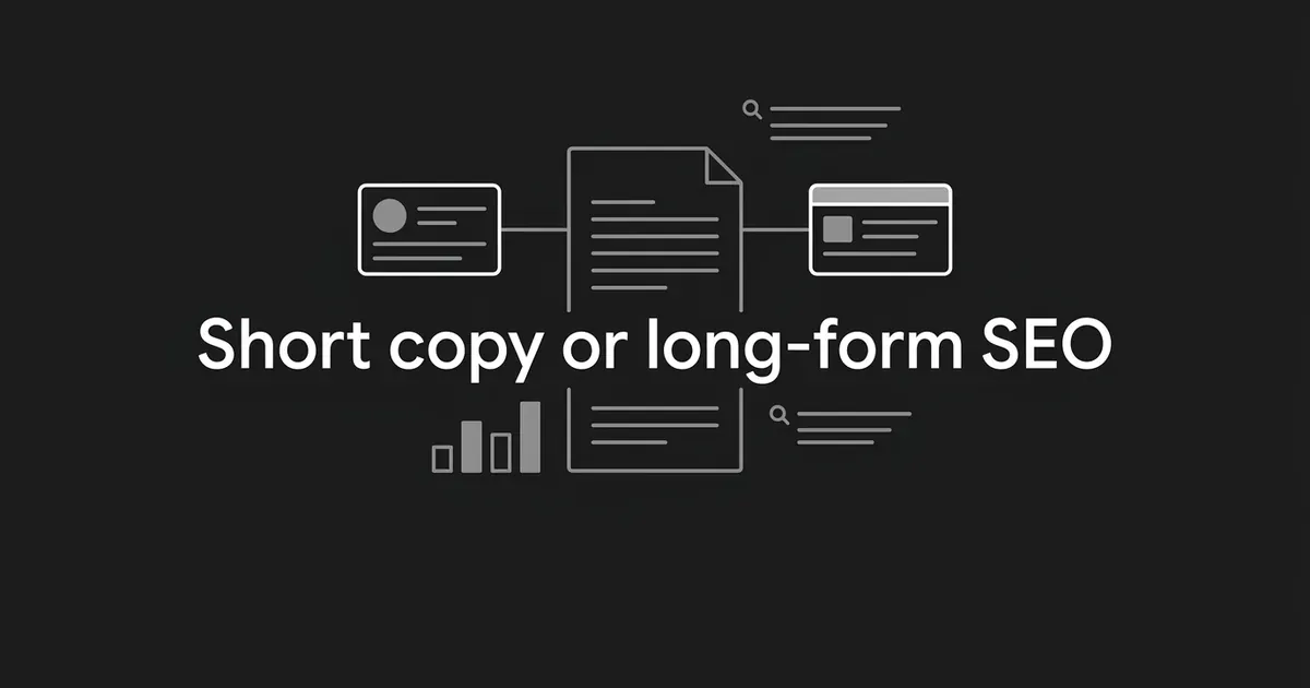 A dark charcoal cover with white line art of two small cards linked to a long document outline, a few bar chart fragments, and the cover line Short copy or long-form SEO.