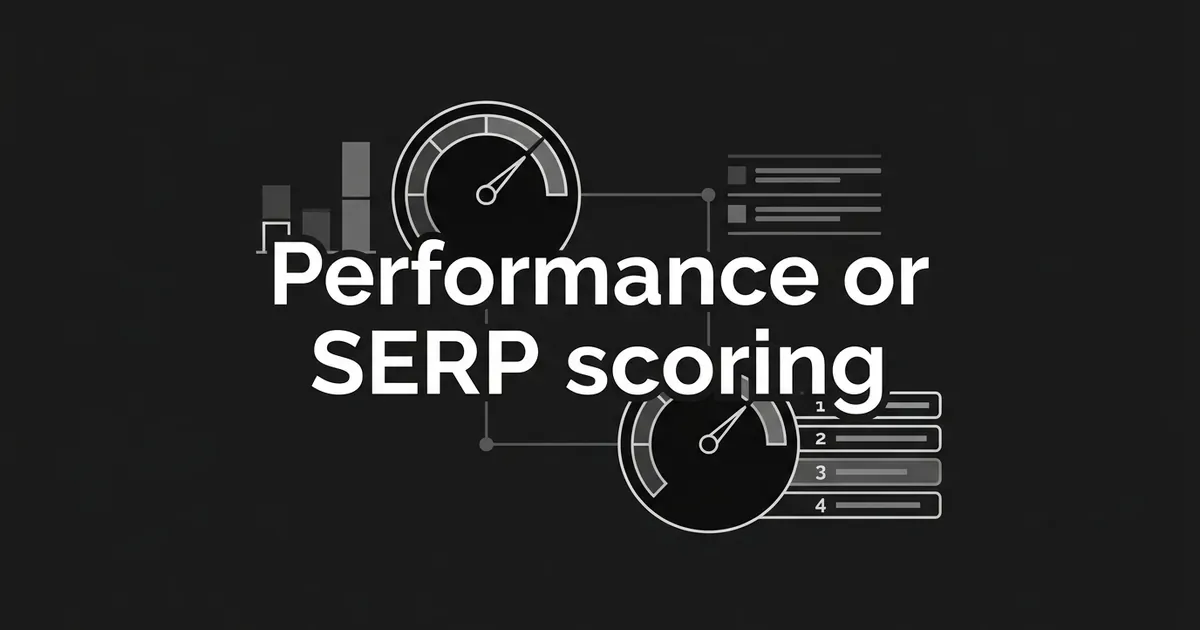 Abstract monochrome illustration of two scoring gauges beside bar-chart fragments and ranked result rows, with the cover line Performance or SERP scoring.