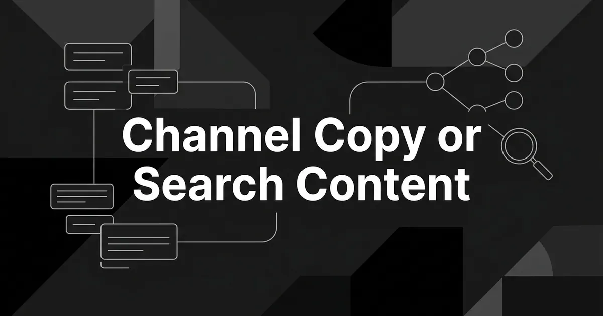 Abstract monochrome cover with the line Channel Copy or Search Content, a cluster of small message cards on the left and a keyword tree with a magnifier on the right.