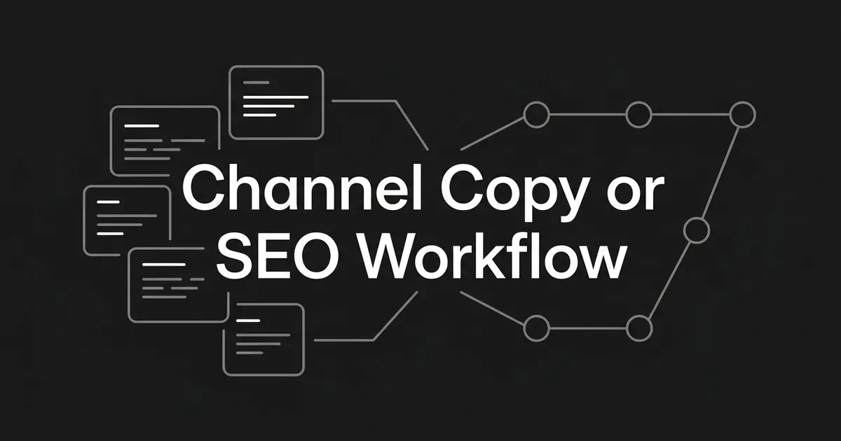 Charcoal cover with white linework showing stacked short-copy cards on one side and a connected node workflow on the other, around the line Channel Copy or SEO Workflow.