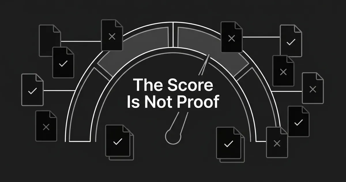 A monochrome illustration of a large gauge with its needle resting between two unmarked zones, surrounded by document icons marked with checks and crosses in no discernible pattern, under the cover line The Score Is Not Proof.