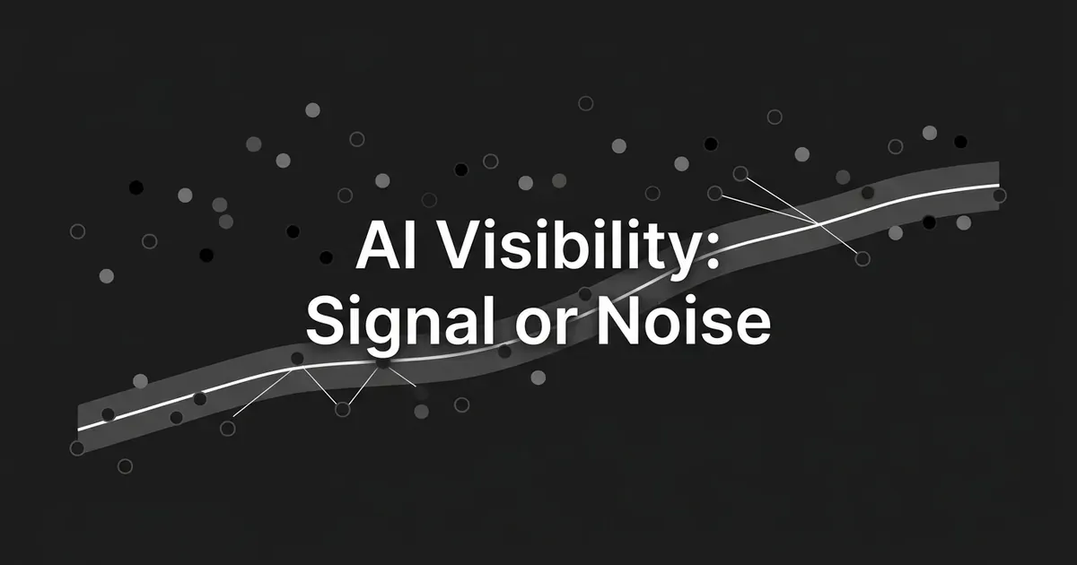 Abstract illustration of scattered gray data points converging into a smooth white trend line on a dark background, with the text AI Visibility: Signal or Noise, representing how noisy repeated measurements resolve into a clearer signal over time.