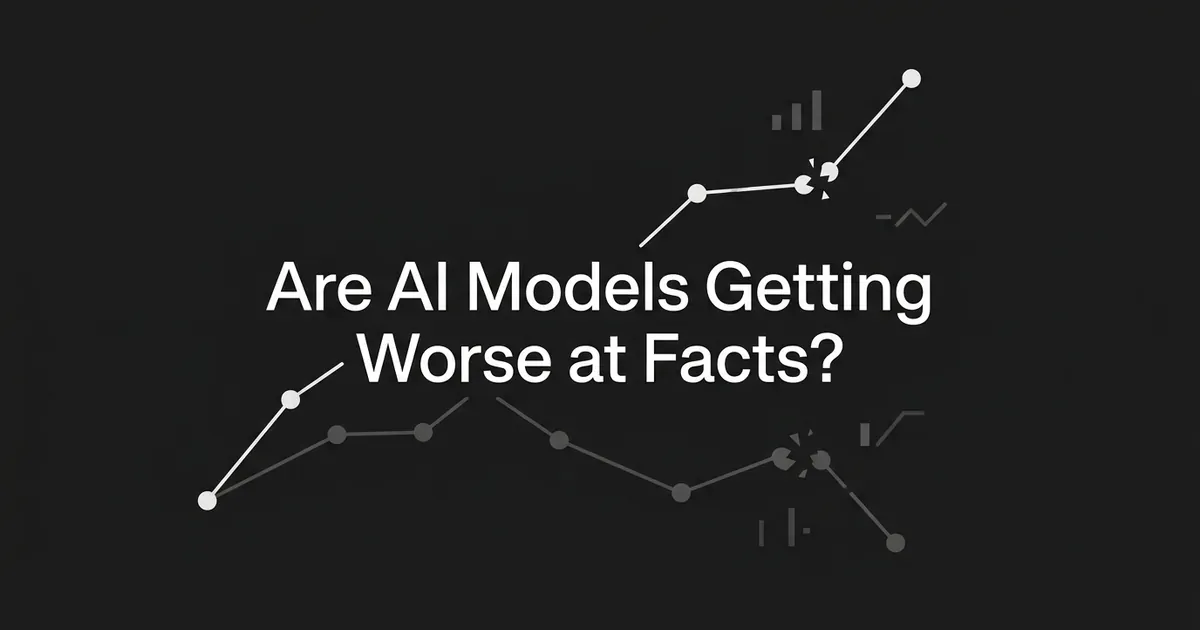 Monochrome illustration of two connected-node paths on a charcoal background, one climbing steadily and one breaking apart mid-line, next to faint chart-fragment marks, with the white headline "Are AI Models Getting Worse at Facts?" centered over them.
