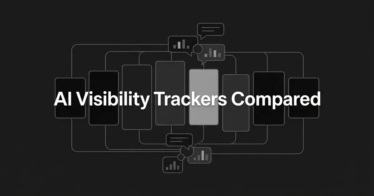 A monochrome illustration of eight layered cards, one highlighted, wired to answer bubbles and small chart fragments, under the line AI Visibility Trackers Compared.