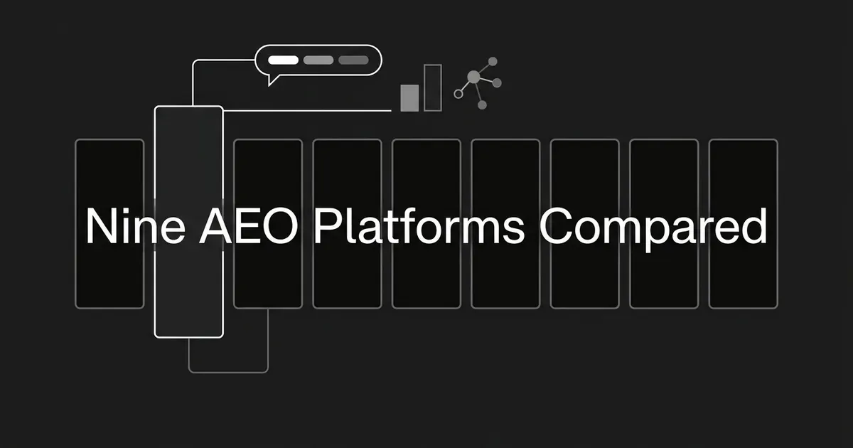 A monochrome geometric cover showing nine slim cards standing side by side with the leftmost one raised and outlined in white, wired to an answer bubble, a small bar chart and a node diagram, under the centered cover line Nine AEO Platforms Compared.