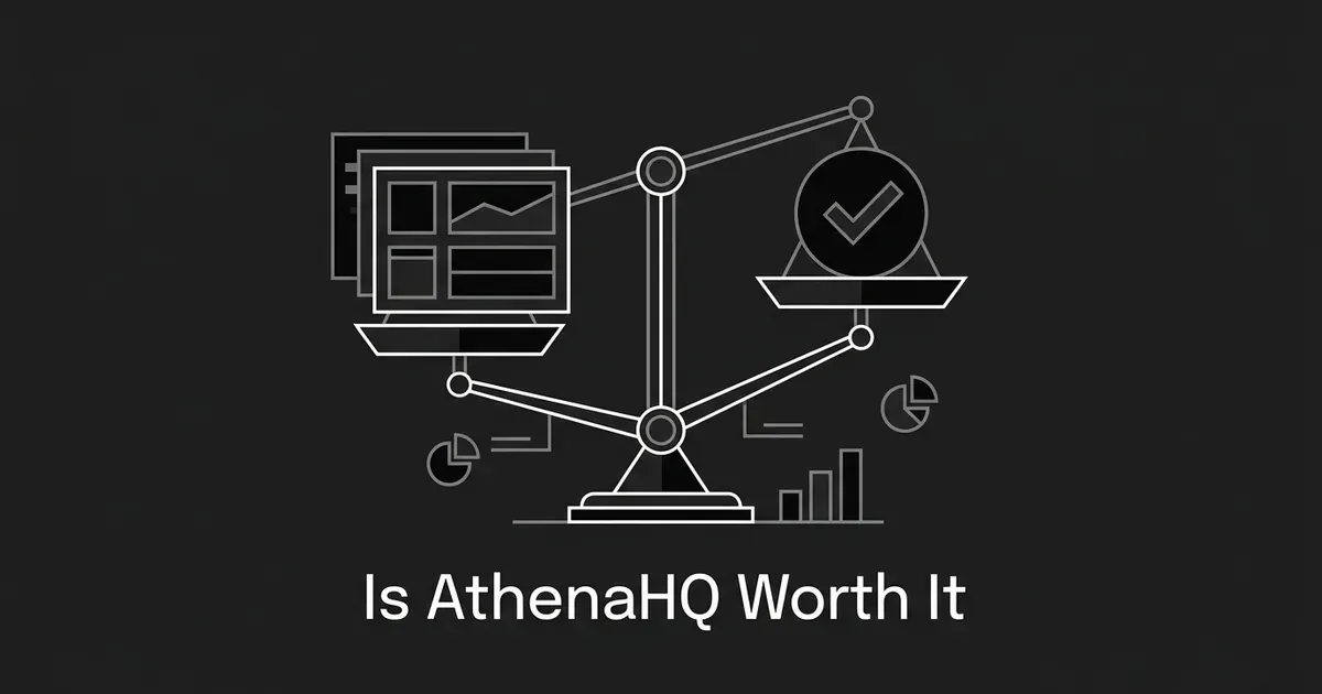 A monochrome balance scale weighing a dashboard of analytics cards against a checkmark, illustrating the verdict of whether AthenaHQ is worth it.