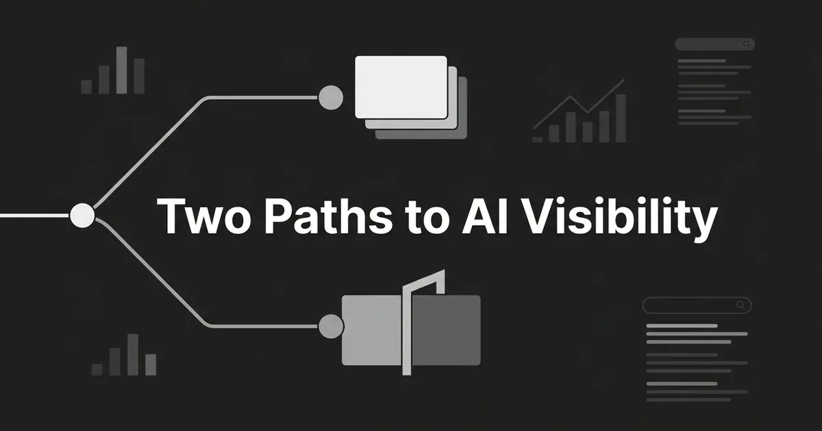 Monochrome diagram of one node splitting into two paths, one leading to stacked cards and the other to a gated block, around the words Two Paths to AI Visibility.