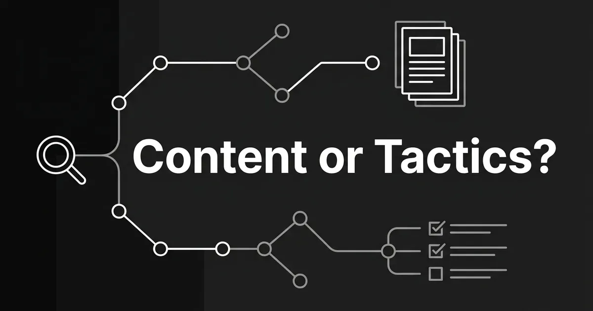 Abstract monochrome diagram of a search icon splitting into two node paths, one ending in a stack of article pages and the other in a checklist of tactics, around the text Content or Tactics?