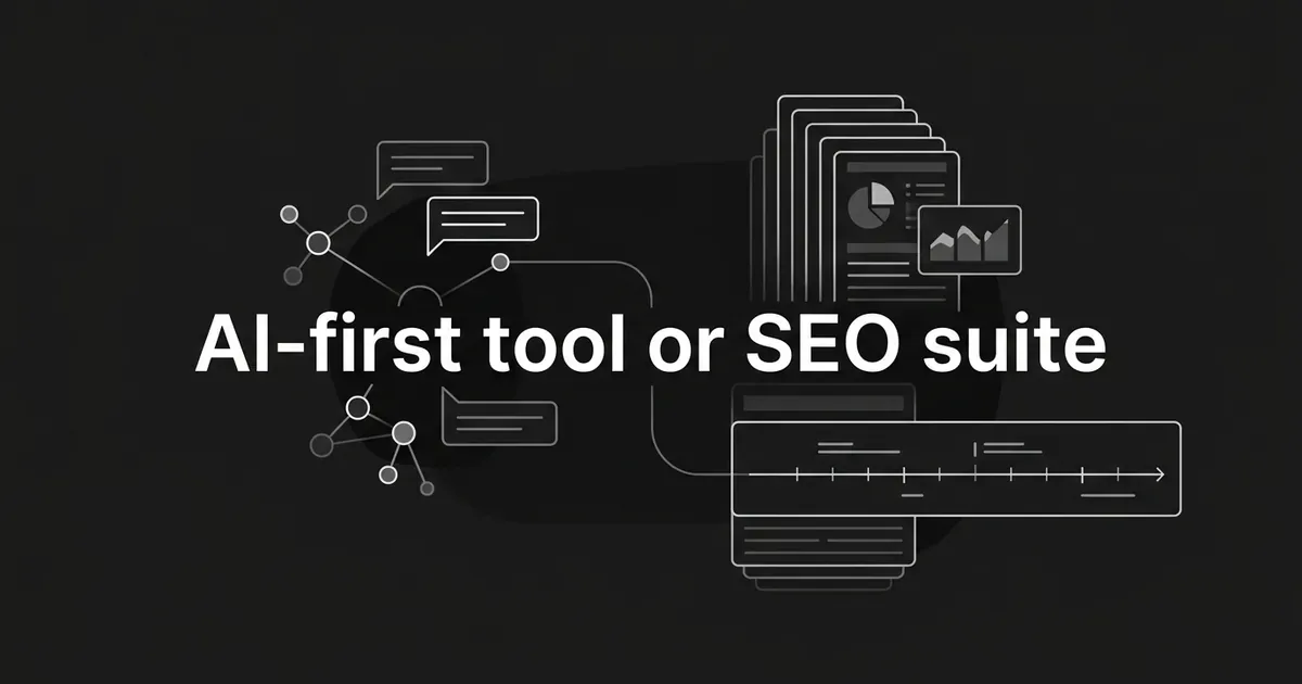 Abstract monochrome illustration of a node-and-chat-bubble cluster linked to a layered stack of report cards, with the cover line AI-first tool or SEO suite.