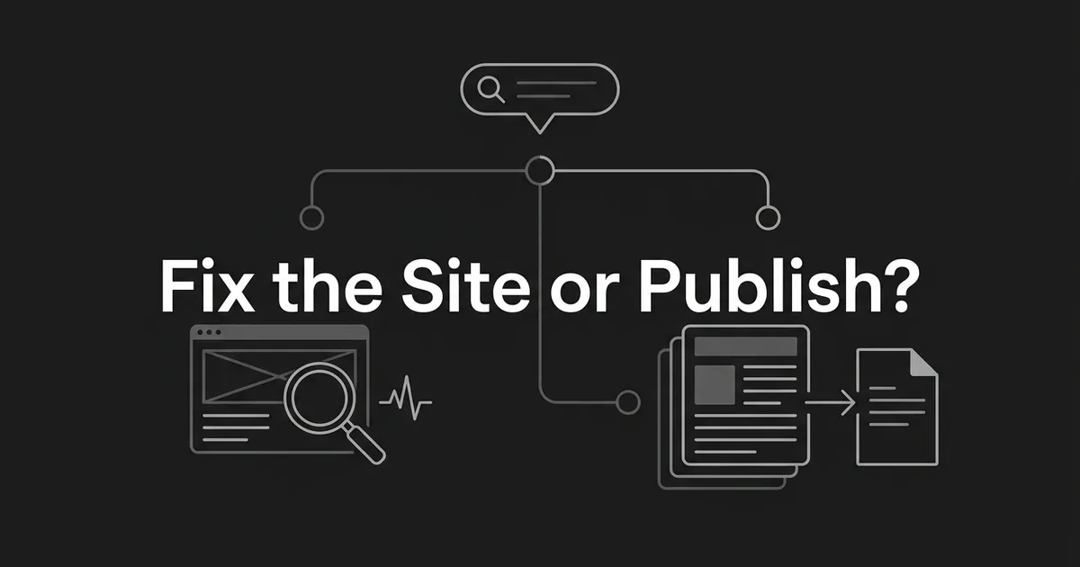 Monochrome diagram of a search bubble splitting into a site wireframe with a magnifier and an article stack leading to a published page, under the cover line Fix the Site or Publish?